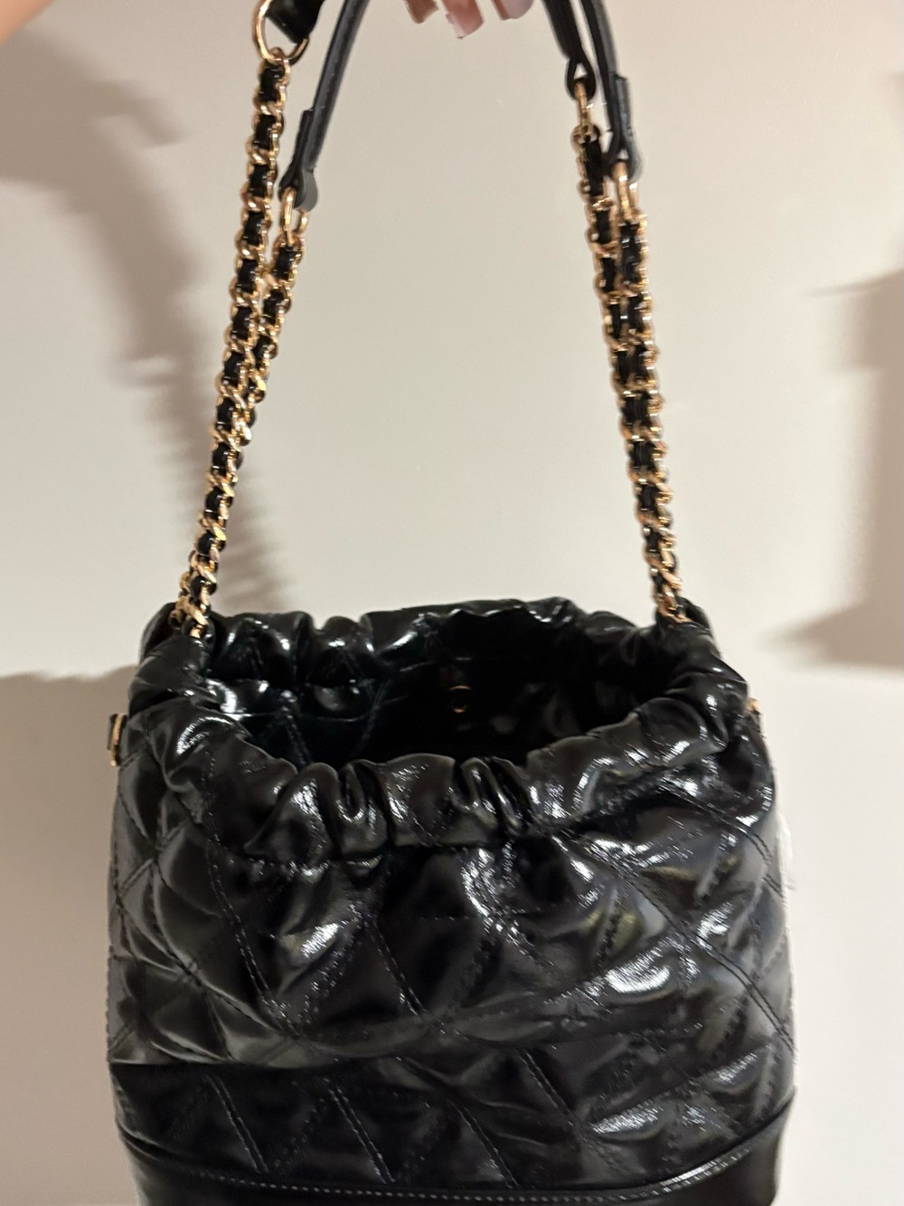 Aldo Black Quilted Drawstring Shoulder Bag with Gold Chain Detail